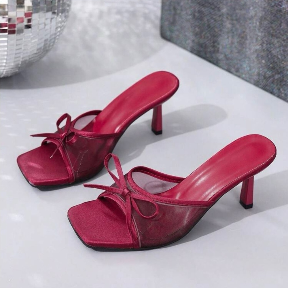 Women's Red Satin Bow Mule Heels